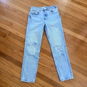 Zara High Rise Straight Leg Jeans | Light Wash | Distressed | Cuffed | Size 4